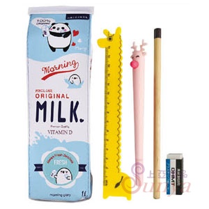 EK42牛奶瓶筆袋+卡通尺+小鹿筆+鉛筆+橡皮擦