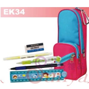 EK34 雙色筆袋辦公細字筆螢光筆側壓自動筆30cm折尺橡皮擦