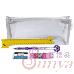 EK33 PVC三角透明筆袋卡通尺橡皮擦側壓自動鉛筆膠水