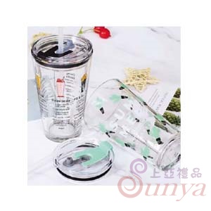 吸管附蓋矽膠玻璃杯400ml