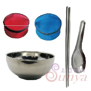 A080-3圓形餐袋+12cm亮面碗+摺疊筷+台製小匙