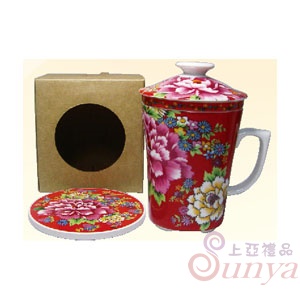 KT-6525-2E牡丹三件式蓋杯+吸水杯墊