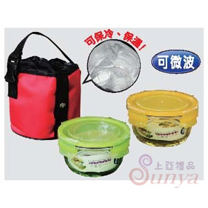 R-1400N密扣式炫彩玻璃2入保鮮盒+提袋組(圓)