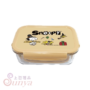 R-500-1S 史努比-密扣式玻璃保鮮盒(長方)-奶茶色