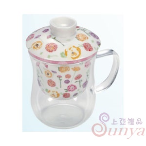 晶艷玫瑰陶瓷濾蓋玻璃花茶杯三件組