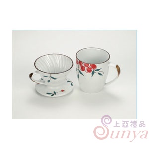 日式手繪咖啡濾杯馬克杯組-紅果花