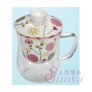 璀璨太陽花陶瓷濾蓋玻璃花茶杯三件組