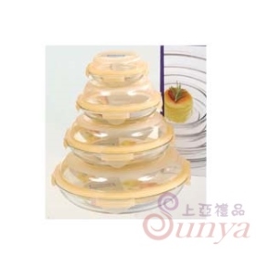 GL345 4件組圓形收納強化玻璃微波保鮮盤組