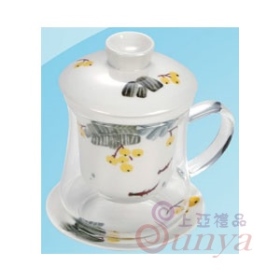 吉祥枇杷陶瓷濾蓋玻璃花茶杯四件組