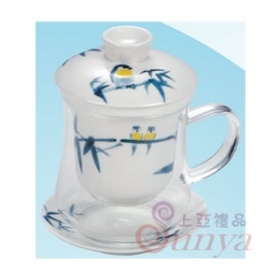 喜上眉梢陶瓷濾蓋玻璃花茶杯四件組