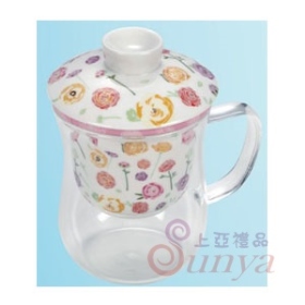 晶艷玫瑰陶瓷濾蓋玻璃花茶杯三件組