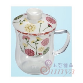 璀璨太陽花陶瓷濾蓋玻璃花茶杯三件組